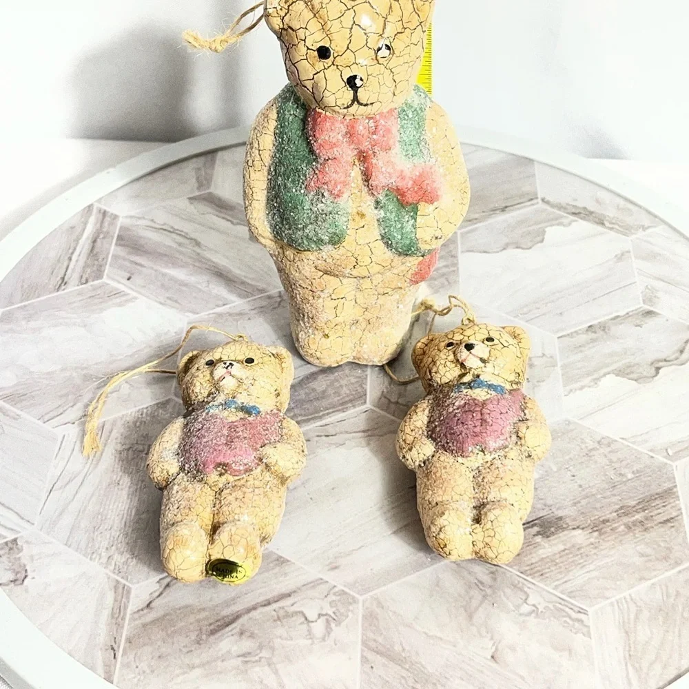 Vintage Crackle Teddy Bear Figurines Set of 3 Rustic Christmas Decor